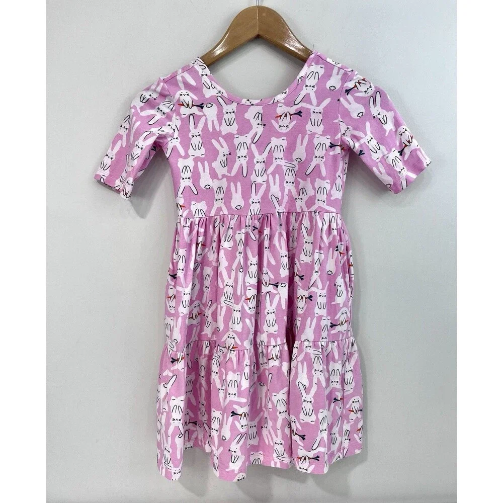 Hanna Andersson Bunny Print Skater Dress Girls 8 Pink Cotton Easter Spring